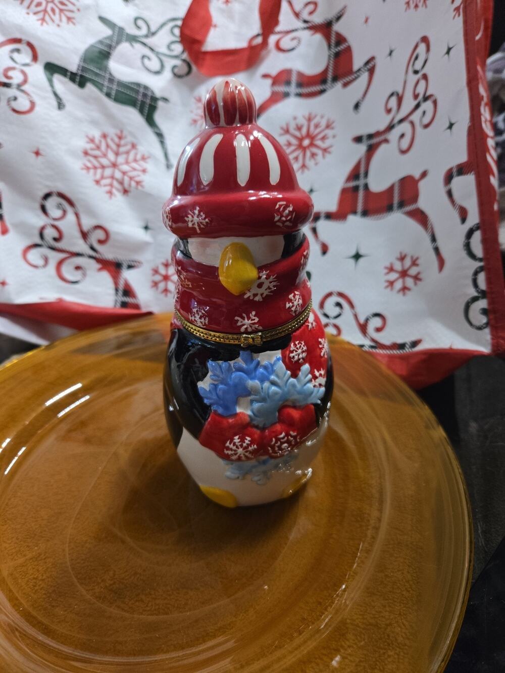 MSRF Penguin Christmas Hinged Trinket Box – Red Hat & Scarf – Winter Decor